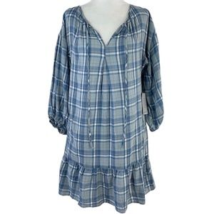 New Max Studio Plaid Ruffle Hem Balloon Sleeve Babydoll Dress Blue Size XS